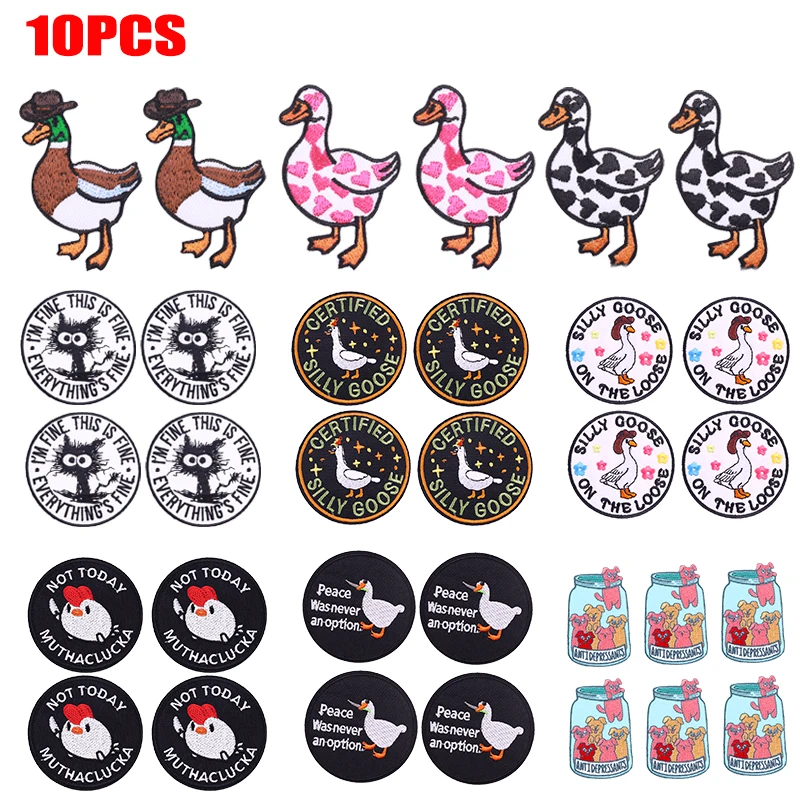 10 Uds. Parche de ganso y gato, parches bordados de animales de dibujos animados, parches para planchar DIY para ropa, chaquetas, pantalones vaqueros, pegatinas para coser bordadas