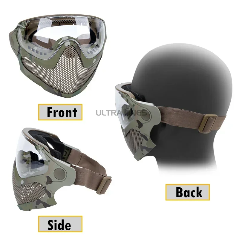 Máscara de tiro de 3 lentes, máscara facial completa de Paintball táctico transpirable, juego de guerra, combate, Airsoft CS, máscara facial de protección de malla de acero - imagen 3