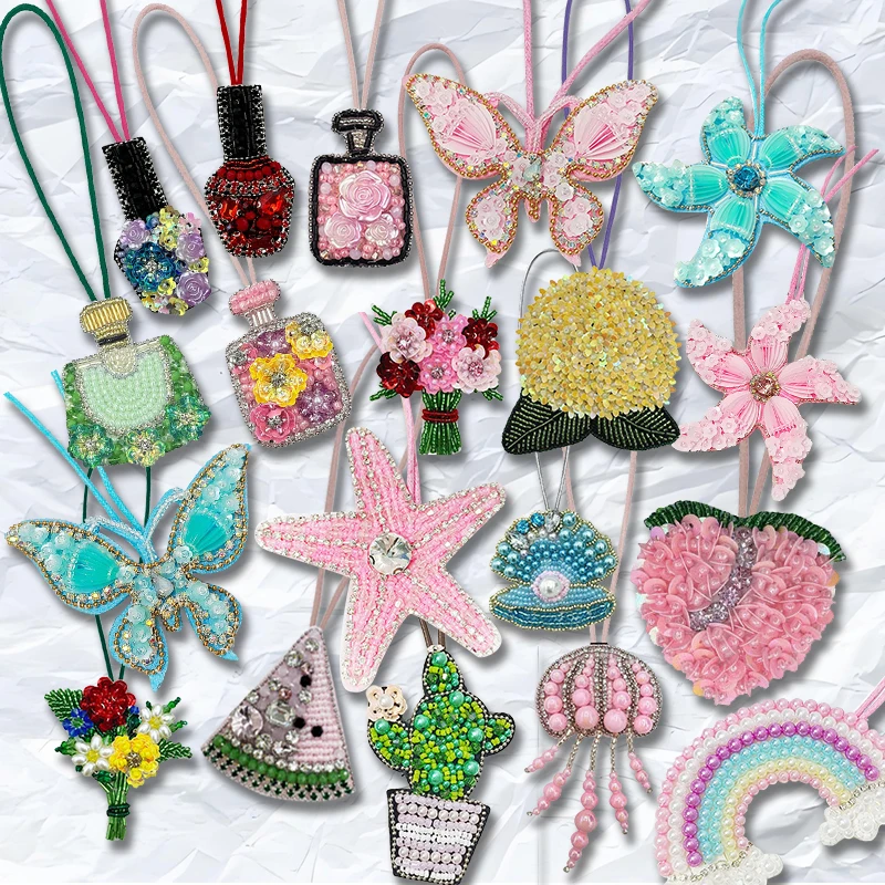 Perfume 3D mariposa estrella de mar hecho a mano diamantes de imitación con cuentas parches de cuerda de cristal bolsa parche con cuentas colgante mochila colgante DIY