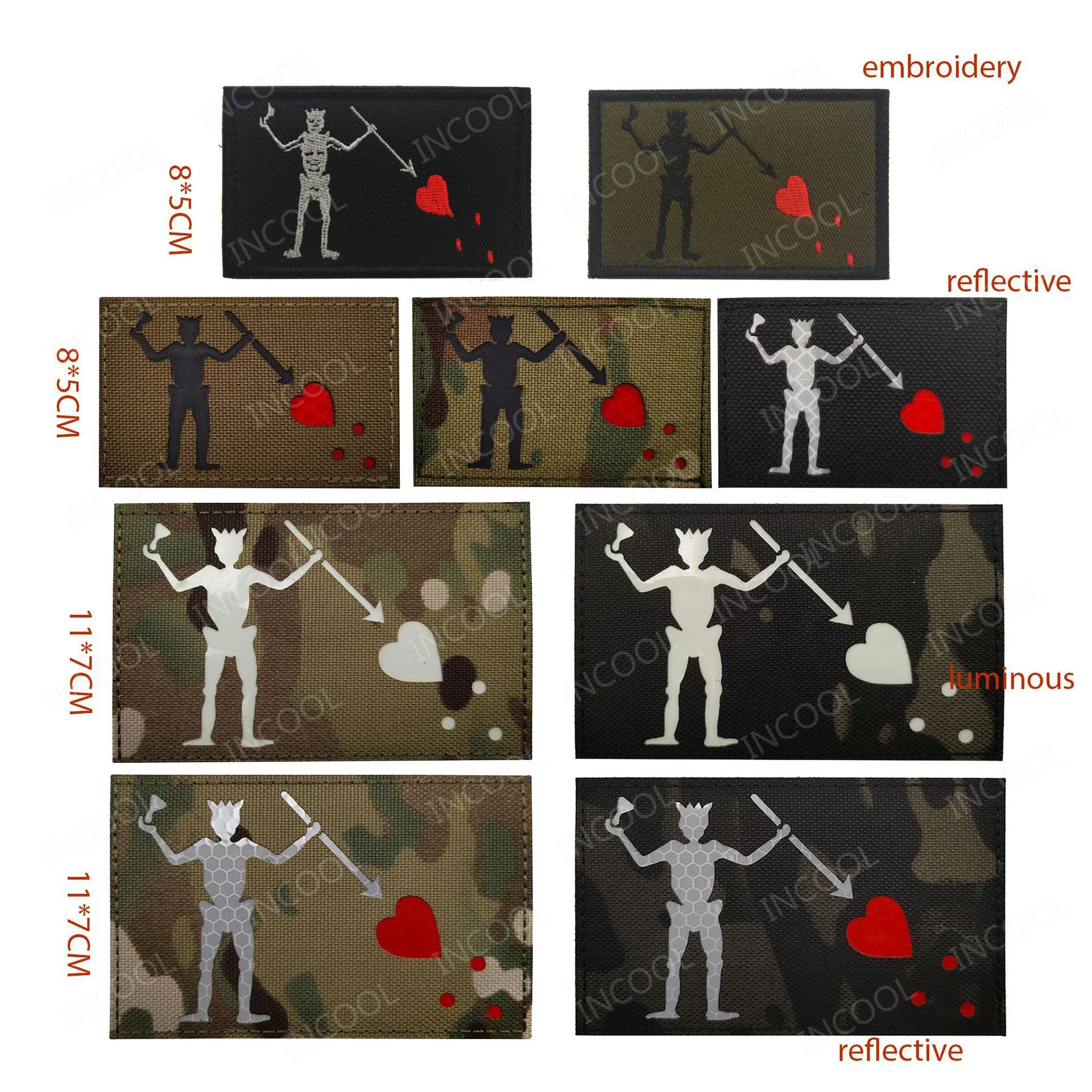 Parche bordado de barba negra Edward Teach Blackbeard, pirata reflectante Jolly Roger, calavera, corazón, esqueleto F, insignia luminosa para dedo - imagen 2