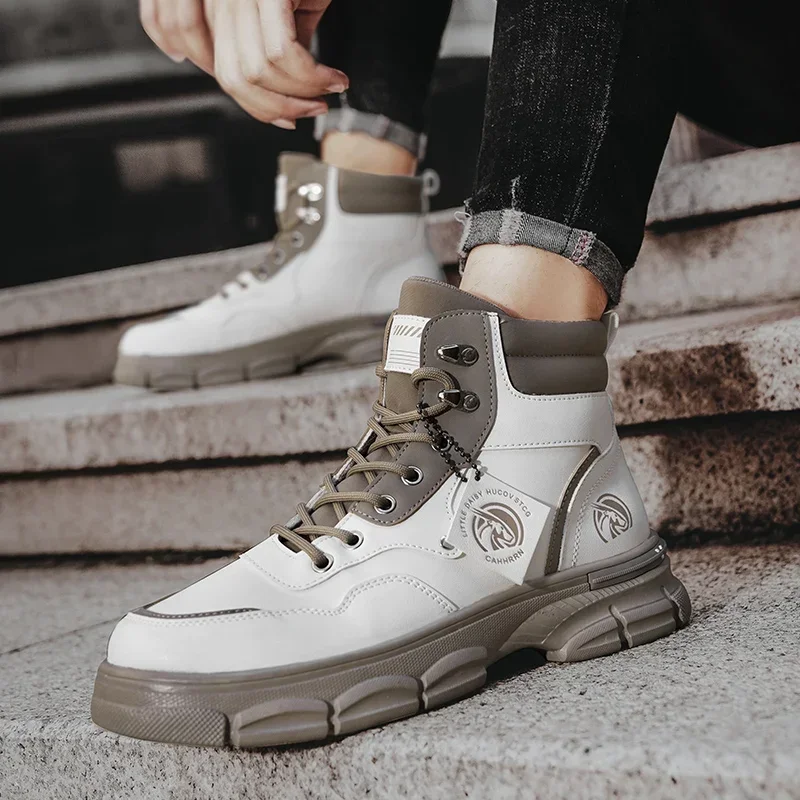 Botas altas informales, zapatos de cuero para hombre, botas militares de tobillo para motocicleta a la moda para exteriores, botas tácticas de invierno para hombre - imagen 5