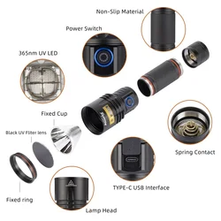 Alonefire SV50 Linterna ultravioleta USB recargable detección manchas