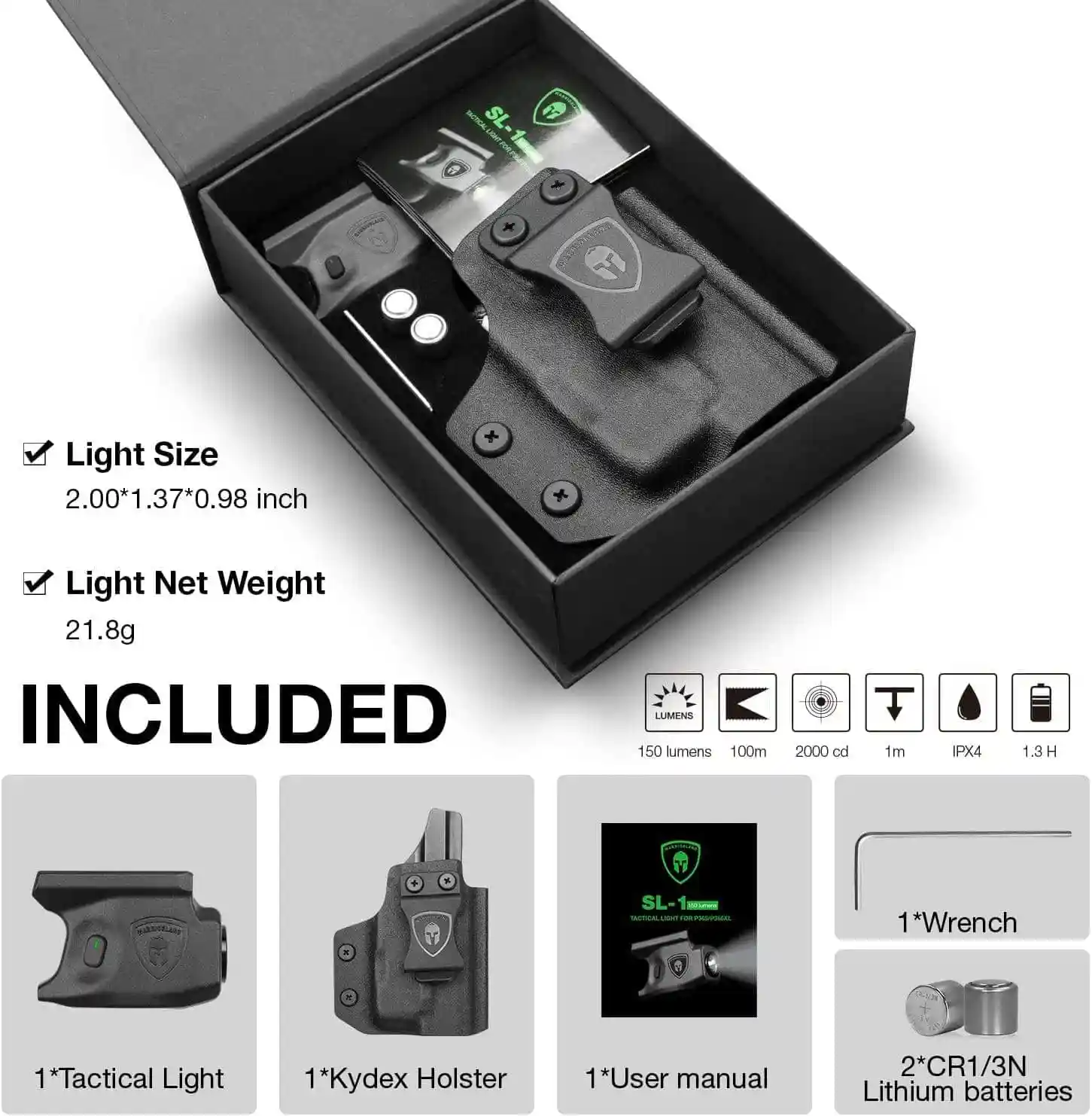 Solo para pistola Sig P365 / P365 XL, mini linterna de luz táctica de 150 lúmenes, con soporte de riel para funda Kydex LED SL-1, mano derecha - imagen 3