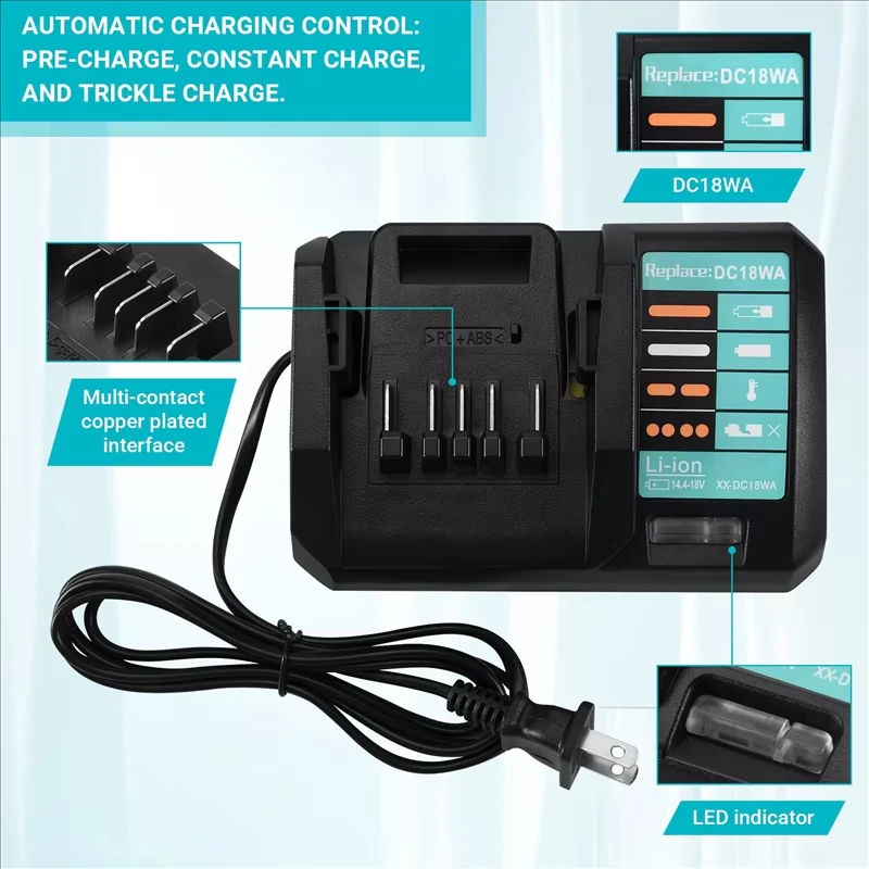 Cargador de litio rápido DC18WA para Makita 14,4 V-18V BL1813G BL1811G DC18SG DC1851 BL1415G herramientas eléctricas de batería de iones de litio - imagen 5