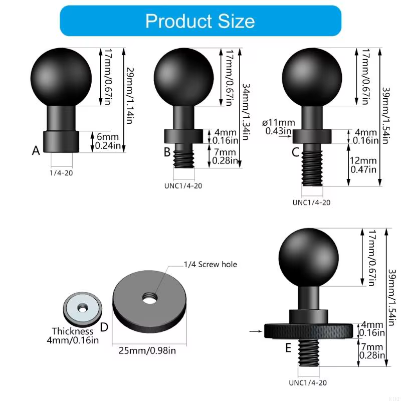 Adaptador cabeza bola 17mm a rosca macho 1/4 pulgada para trípode - imagen 2