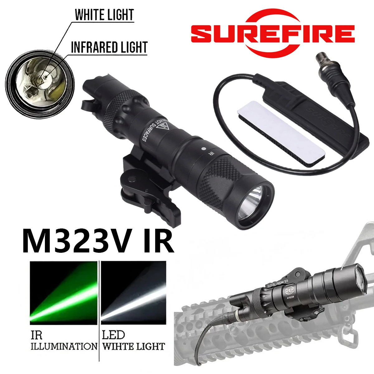 SureFire M600 M622V M323V estroboscópico M622V-IR M323V-IR IR iluminador táctico Airsoft armas Rifle AR15 luz con soporte de Base QD - imagen 4