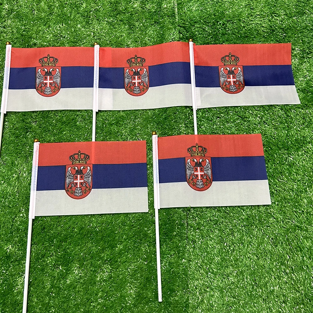Bandera de mano de Serbia con bandera de SKY, 10/20/50/100 Uds., 21x14cm, banderas onduladas a mano de Serbia con poste de plástico para actividades deportivas, decoración del hogar