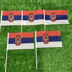 Bandera de mano de Serbia con bandera de SKY, 10/20/50/100 Uds., 21x14cm, banderas onduladas a mano de Serbia con poste de plástico para actividades deportivas, decoración del hogar