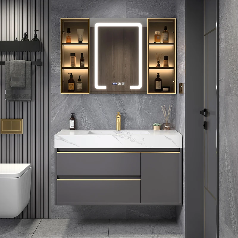 Juego de lavabo de inodoro de lavado de cara integrado, gabinete de baño de lujo ligero y simple moderno, combinación de losa de piedra - imagen 4