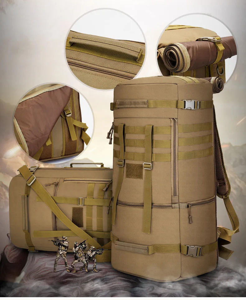 Una mochila marrón con correa y una correa de la maleta