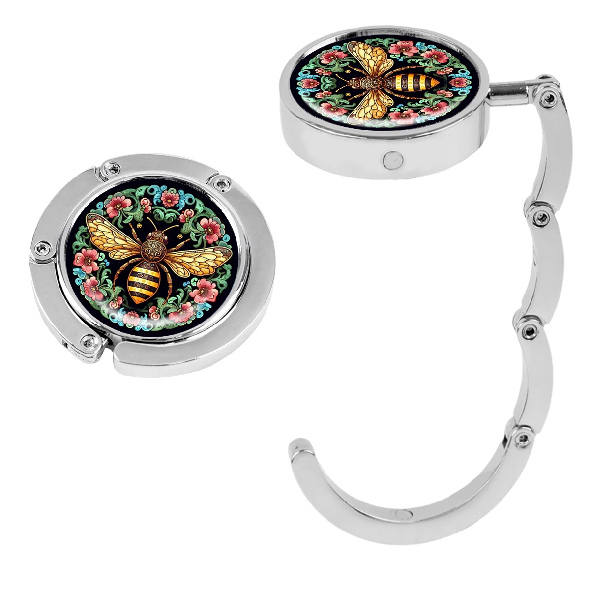 Ganchos para bolsos de abeja, soportes plegables de Metal para bolsas de mesa, perchas portátiles para monedero, accesorios de piezas únicas, ganchos antideslizantes de flores
