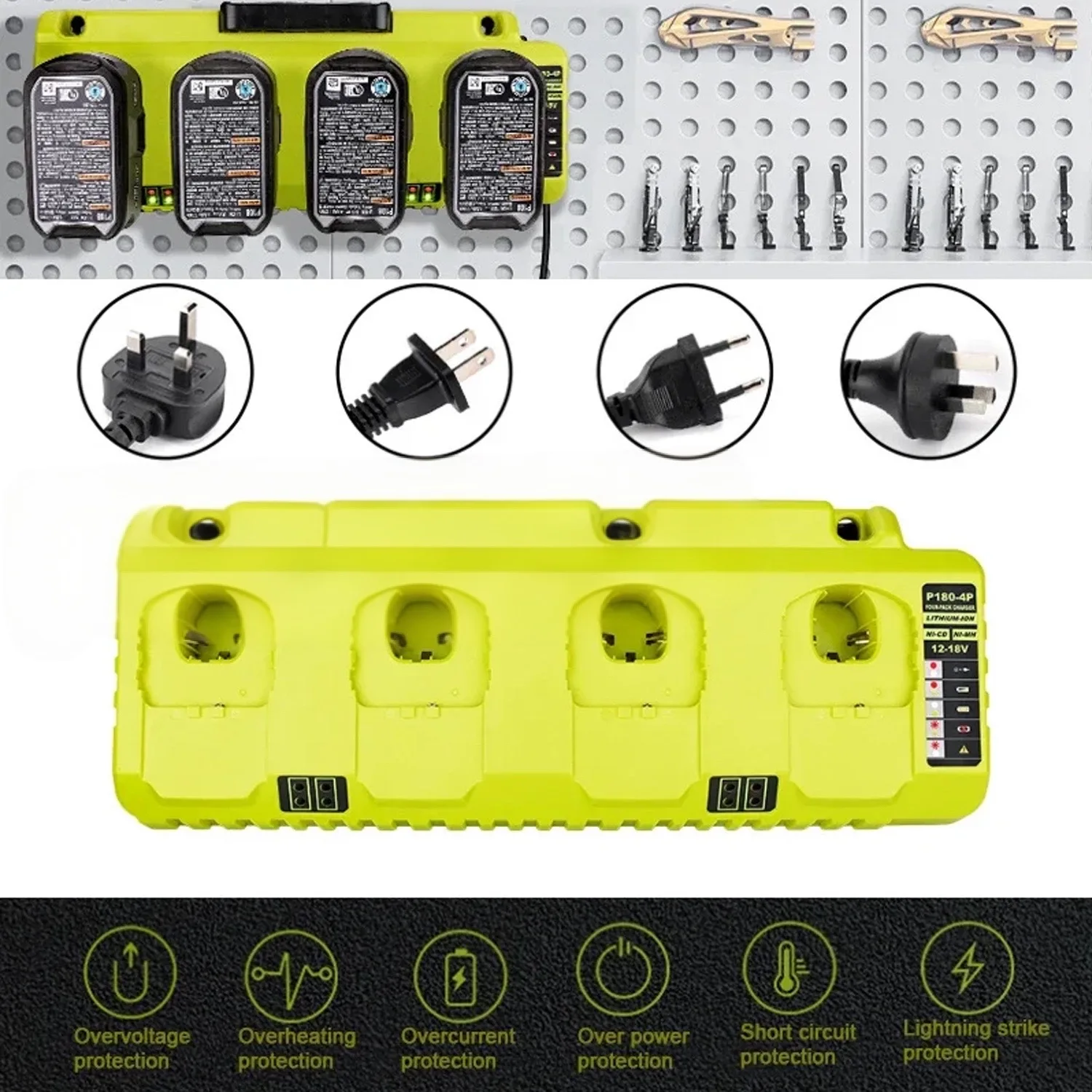 Cargador de repuesto de 4 puertos para Ryobi NiCD NiMH Li-ion12V 14,4 V 18V batería P107 P108 P108 ONE + P110 carga rápida con USB Dual - imagen 5