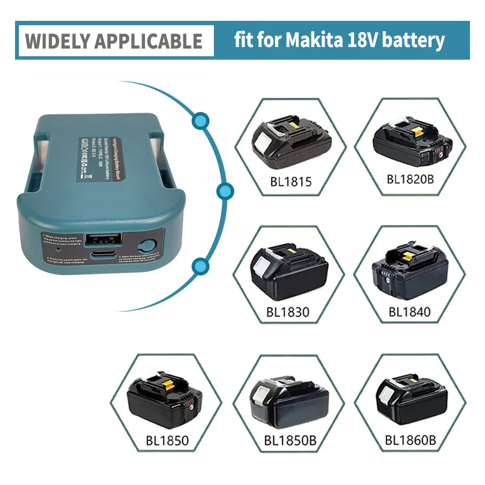 Estante de carga rápida para batería de iones de litio Makita de 18V/40V con puerto USB tipo C adaptador de cargador portátil con hebilla de cinturón - imagen 5