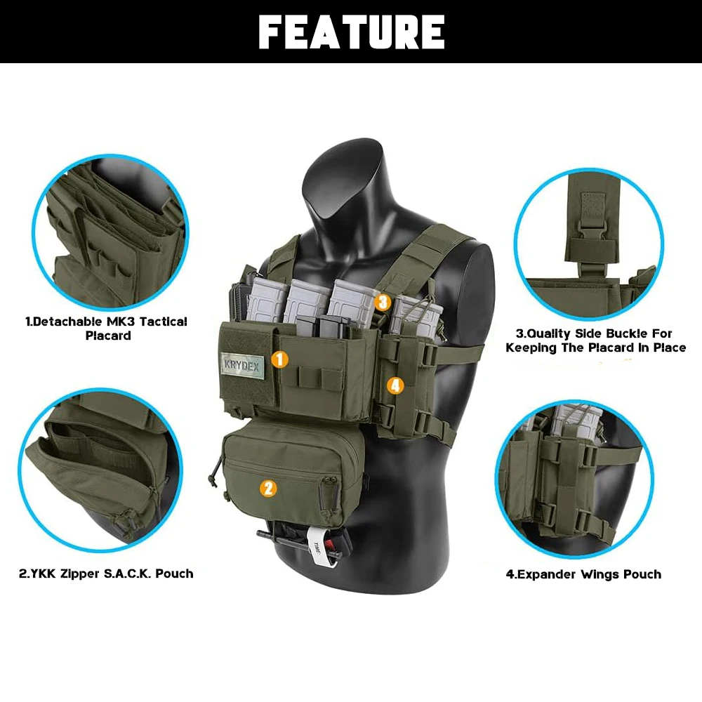 KRYDEX MK3 aparejo de pecho táctico Micro chasis de miedo chaleco ligero Modular M4 5,56 bolsa de revista chaleco Airsoft de caza - imagen 4