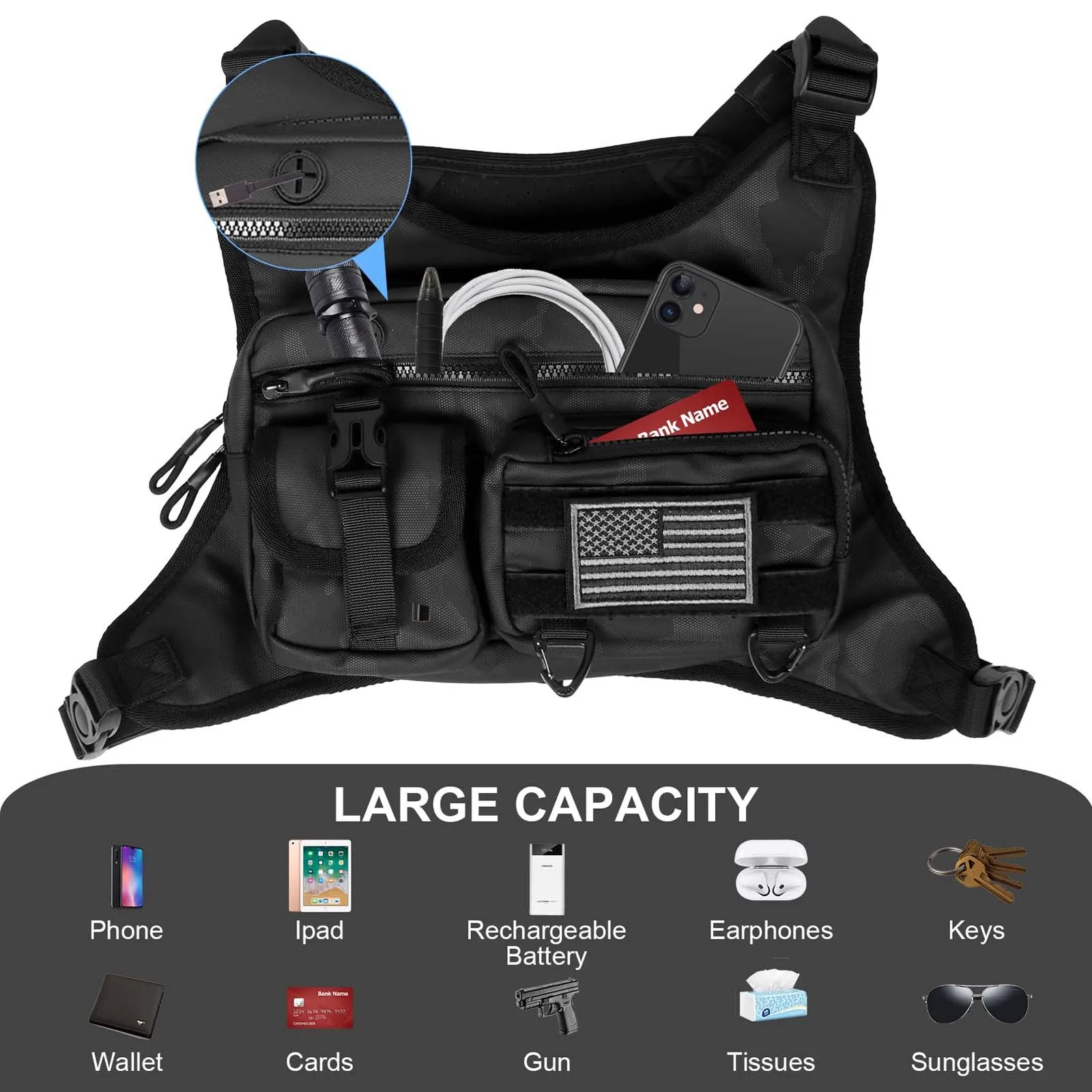 Bolsa de pecho para hombres y mujeres con funda de pistola extraíble, chaleco táctico EDC ajustable para correr, entrenamientos deportivos - imagen 4
