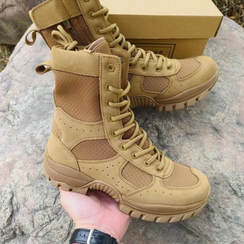 Novedad de verano, botas de combate de cuero marrón con cremallera de malla transpirable para escalada al aire libre, zapatillas de entrenamiento de seguridad ultraligeras - imagen 5