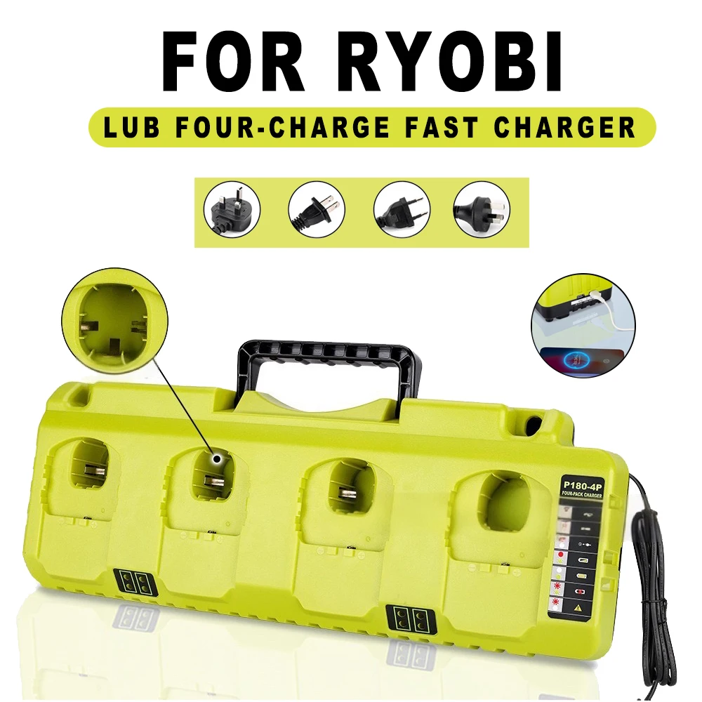 Cargador de repuesto de 4 puertos para Ryobi NiCD NiMH Li-ion12V 14,4 V 18V batería P107 P108 P108 ONE + P110 carga rápida con USB Dual