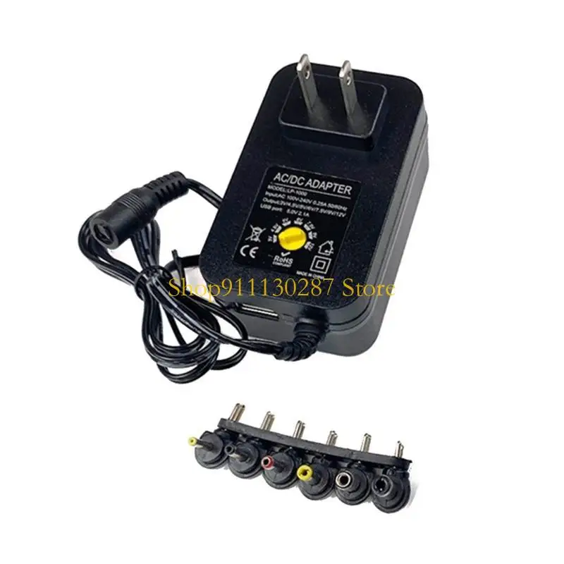 Adaptador corriente ACtoDC universal J1HC voltaje ajustable 3-12 V con 6 puntas conector y cargador USB conveniente y