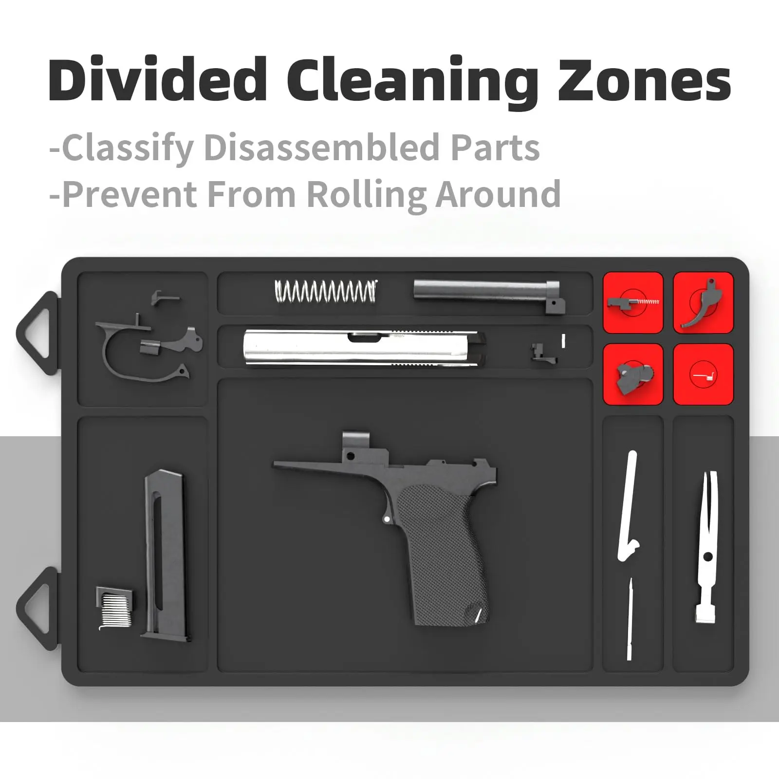 Estera de limpieza para pistola, almohadilla gruesa para limpieza de pistola con organizador magnético, bandeja de piezas, estera de pistola revólver de goma antideslizante - imagen 4