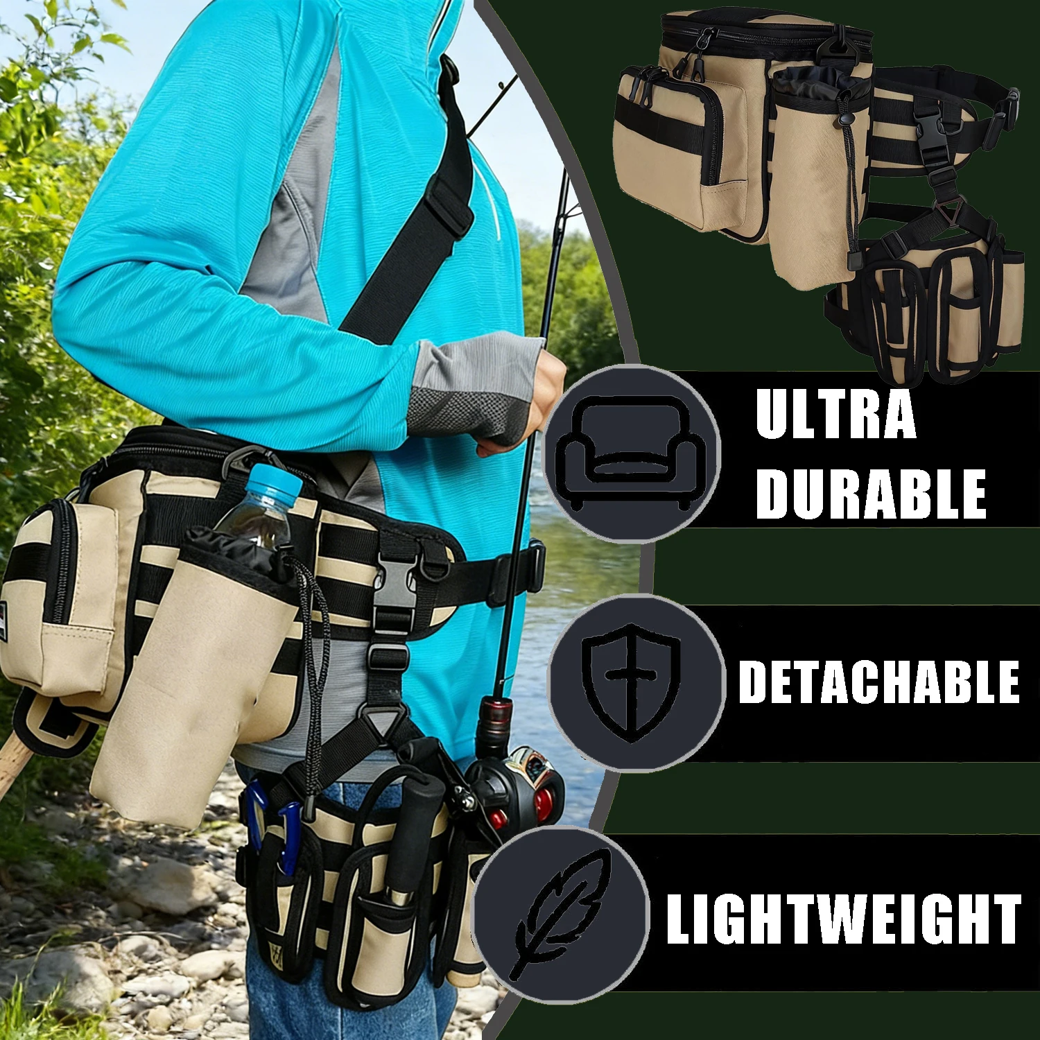 Bolsas multifuncionales para aparejos de pesca con sistema MOLLE y soporte para botellas de agua, señuelos de peces, almacenamiento de utilidad, riñonera de pesca