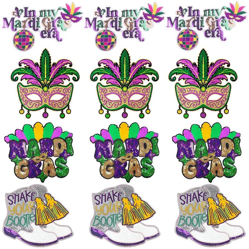 Parche termoadhesivo chenilla Mardi Gras grande – Carnaval para ropa