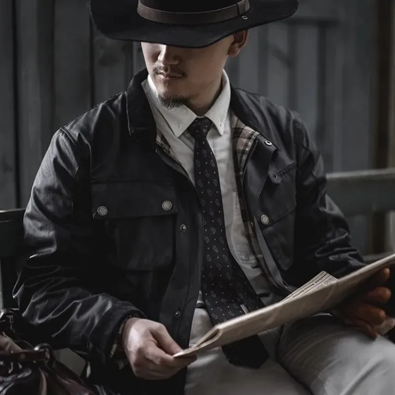 Chaquetas militares de cera de aceite para hombre, abrigo cortavientos de carga informal de Inglaterra, impermeable al aire libre, cuello de pana, chaqueta con múltiples bolsillos, otoño - imagen 4