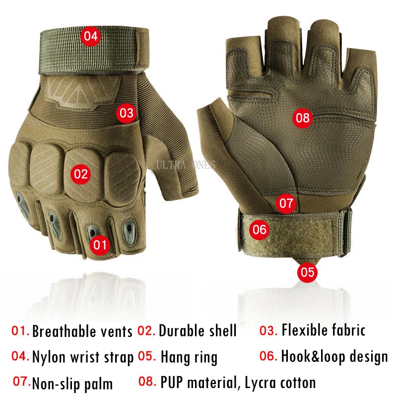 Guantes tácticos de medio dedo para trabajo al aire libre, protección transpirable para escalada, caza, tiro, Airsoft, ajustables - imagen 4