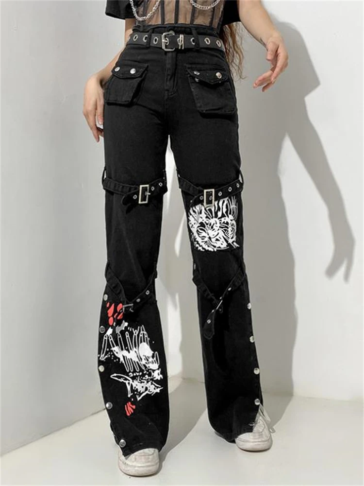 Pantalones Cargo informales para mujer, Jeans holgados, Cyber Y2K, pantalones vaqueros góticos para mujer, ropa oscura para correr E Girl - imagen 3