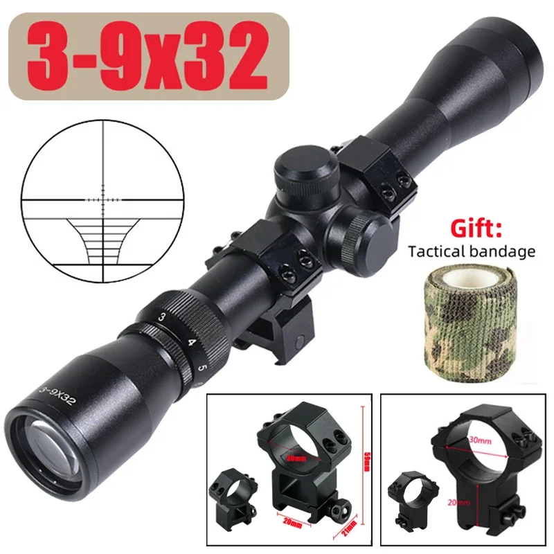 Mira telescópica óptica táctica 3-9x32, retícula de Crosshair para tiro al aire libre, mira de tiro de largo alcance para Airsoft, compatible con montaje en riel de 11MM/20MM