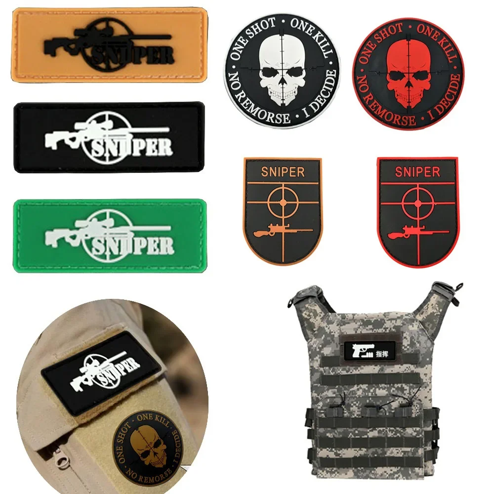Parche de gancho y bucle para Rifle de francotirador de PVC, insignia de moral de calavera con personalidad, sombrero cruzado, parches de tela, pegatinas tácticas para mochila - imagen 3