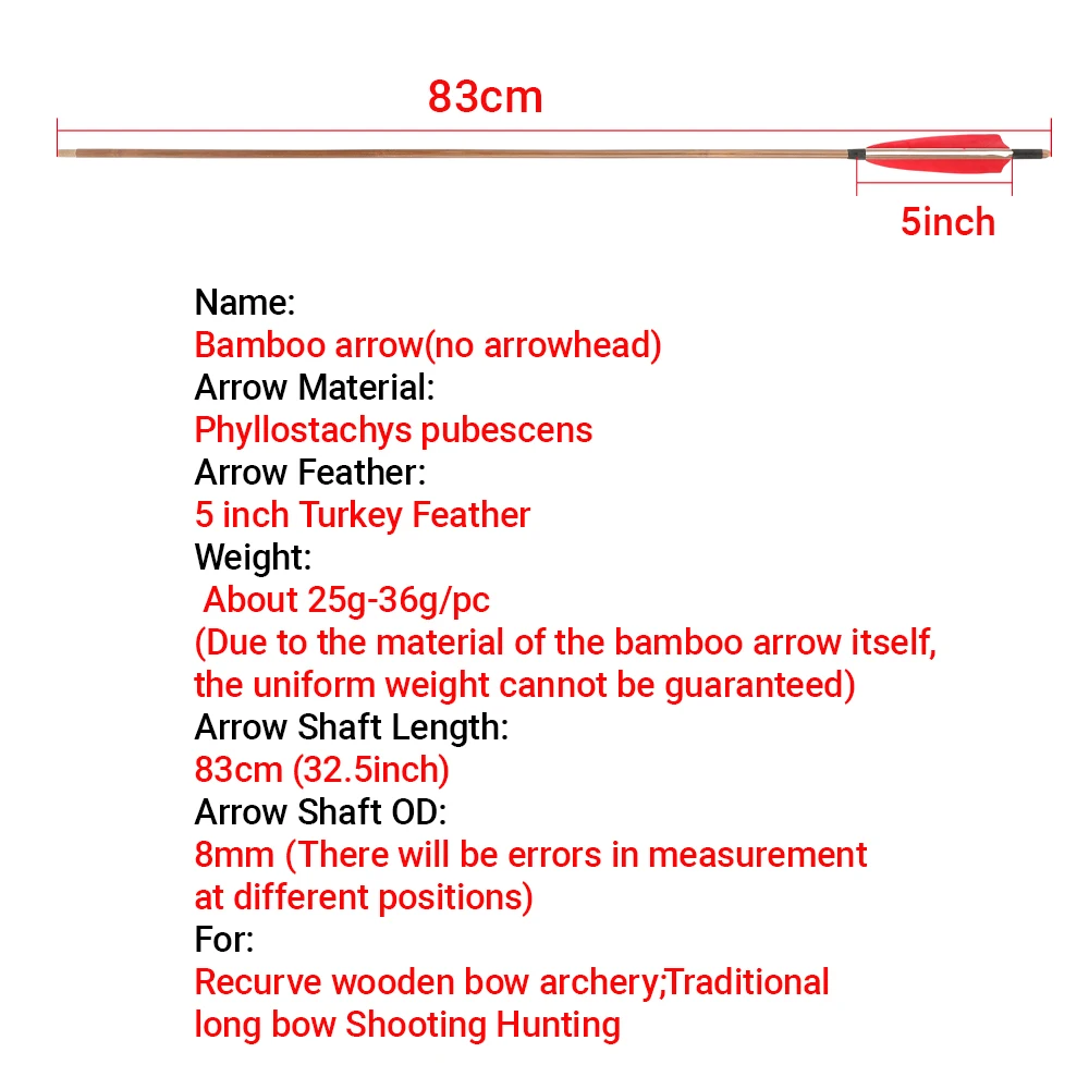 6/12 Uds arco tradicional tiro con arco flechas de bambú 32,5 pulgadas OD 8mm eje de flecha pluma de pavo arco largo arco recurvo tiro caza - imagen 2