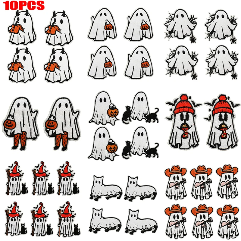 10 Uds. Venta al por mayor de parches bordados de fantasma de Halloween, parche de dibujos animados, parches para planchar para ropa, sombreros, chaquetas, insignias para coser, parche DIY