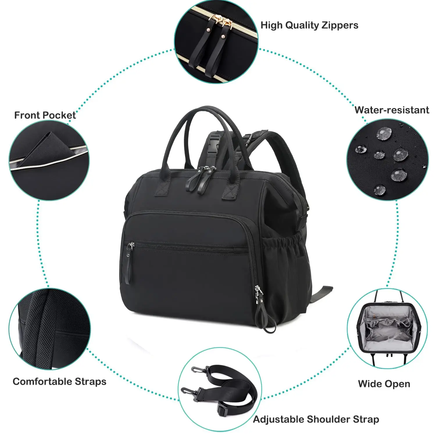 Bolsa de pañales convertible, bolso de mano con parte superior abierta, mochila para cambiar pañales, mochila para pañales con 14 bolsillos y hebilla para cochecito, resistente al agua - imagen 4