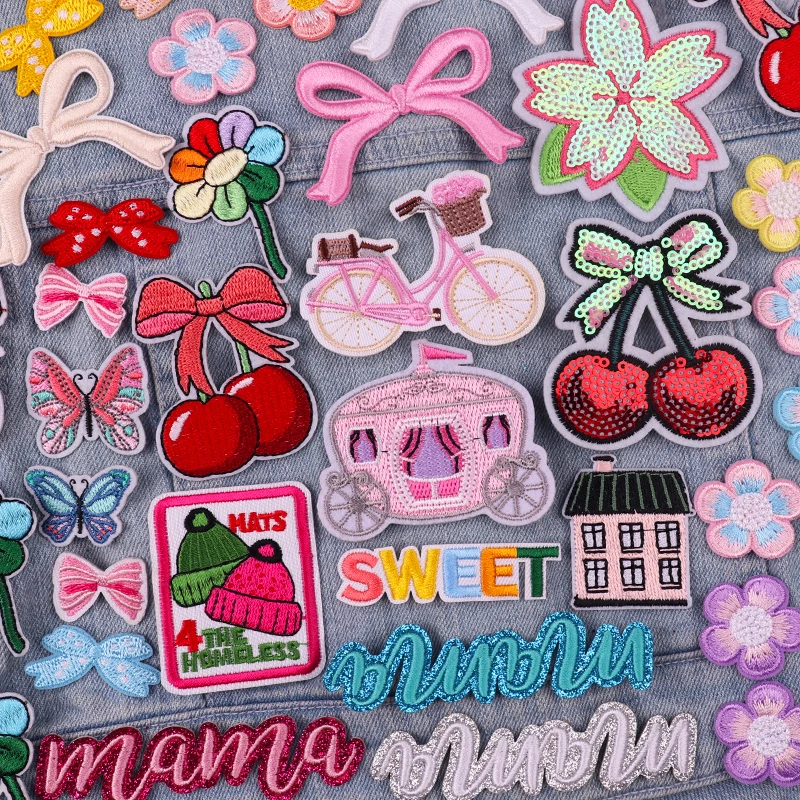 Parche de dibujos animados para coche, parches bordados de cereza, bricolaje, lazo, flores, estrella, parche para planchar, para ropa, sombreros, pantalones vaqueros, zapatos, decorar