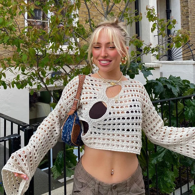 Tops cortos de punto para mujer, camiseta de manga larga ahuecada Y2K, camisa holgada Vintage para mujer, jerséis Casuales - imagen 2