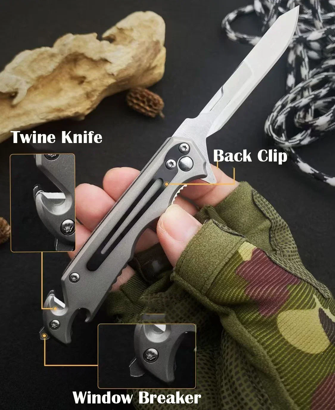 Detalle del rompecristales y funciones del cuchillo plegable