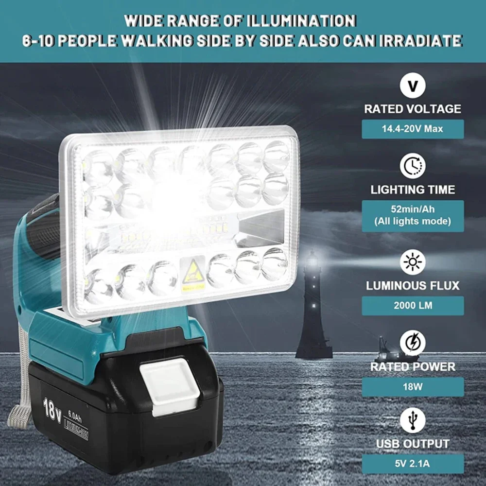Luz LED de trabajo para Makita, lámpara recargable de 2000LM, 18W, batería de iones de litio de 18V, linterna portátil para acampar al aire libre - imagen 5