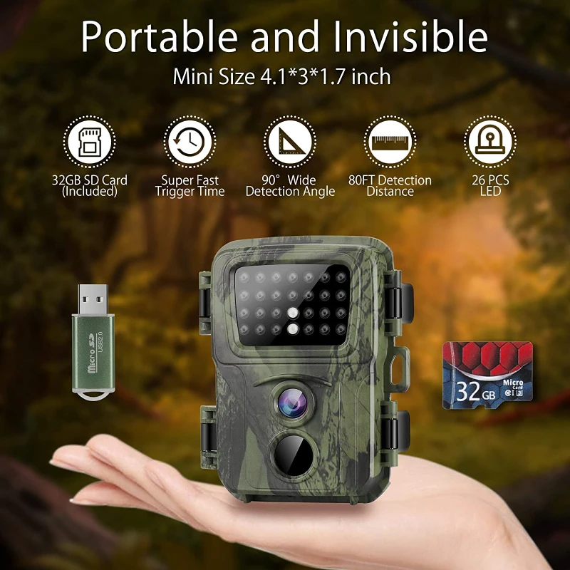 Minicámara de rastreo para caza, videocámara impermeable con visión nocturna, activada por movimiento, trampa de monitoreo de Vida Silvestre, 20MP, 1080P, paquete de 2 - imagen 2