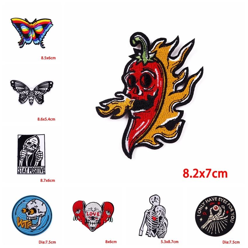 10PCS/lots Punk Skull Patch Horror Flame Butterfly Mouth Embroidered Patches For Clothes DIY Iron On Patches For Clothing DIY - imagen 3