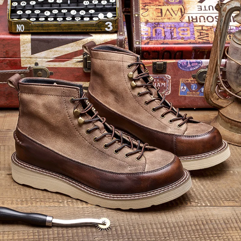 KOWM zapatos de senderismo de piel de vaca, botas para caminar para hombre, botas altas británicas para motocicleta, zapatillas informales hasta el tobillo, zapatos de trekking con suela gruesa - imagen 4