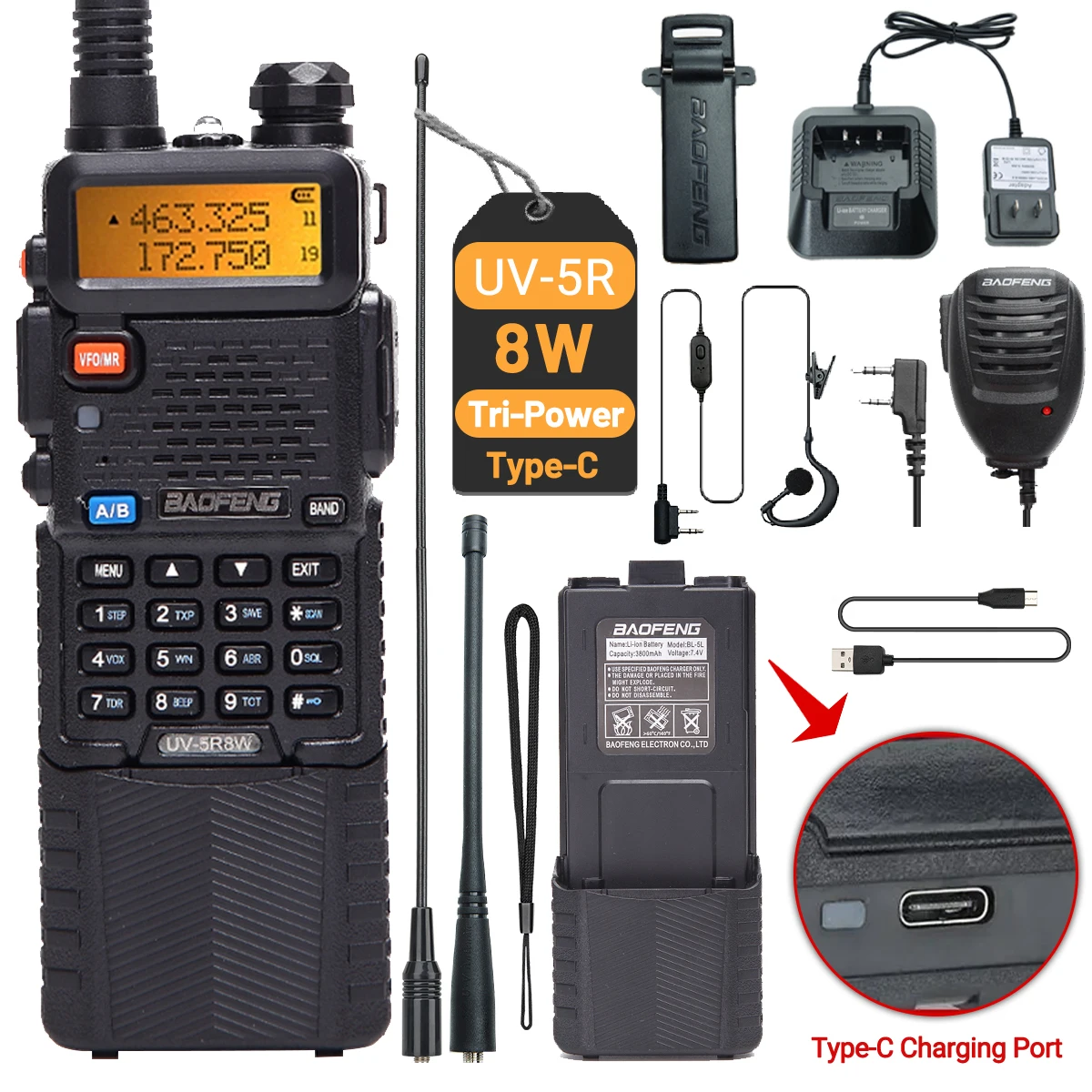 Baofeng UV-5R 8W 3800mAh Walkie Talkie Tri Power tipo C VHF UHF banda Dual de largo alcance para UV5R K5 portátil Ham CB Radio bidireccional