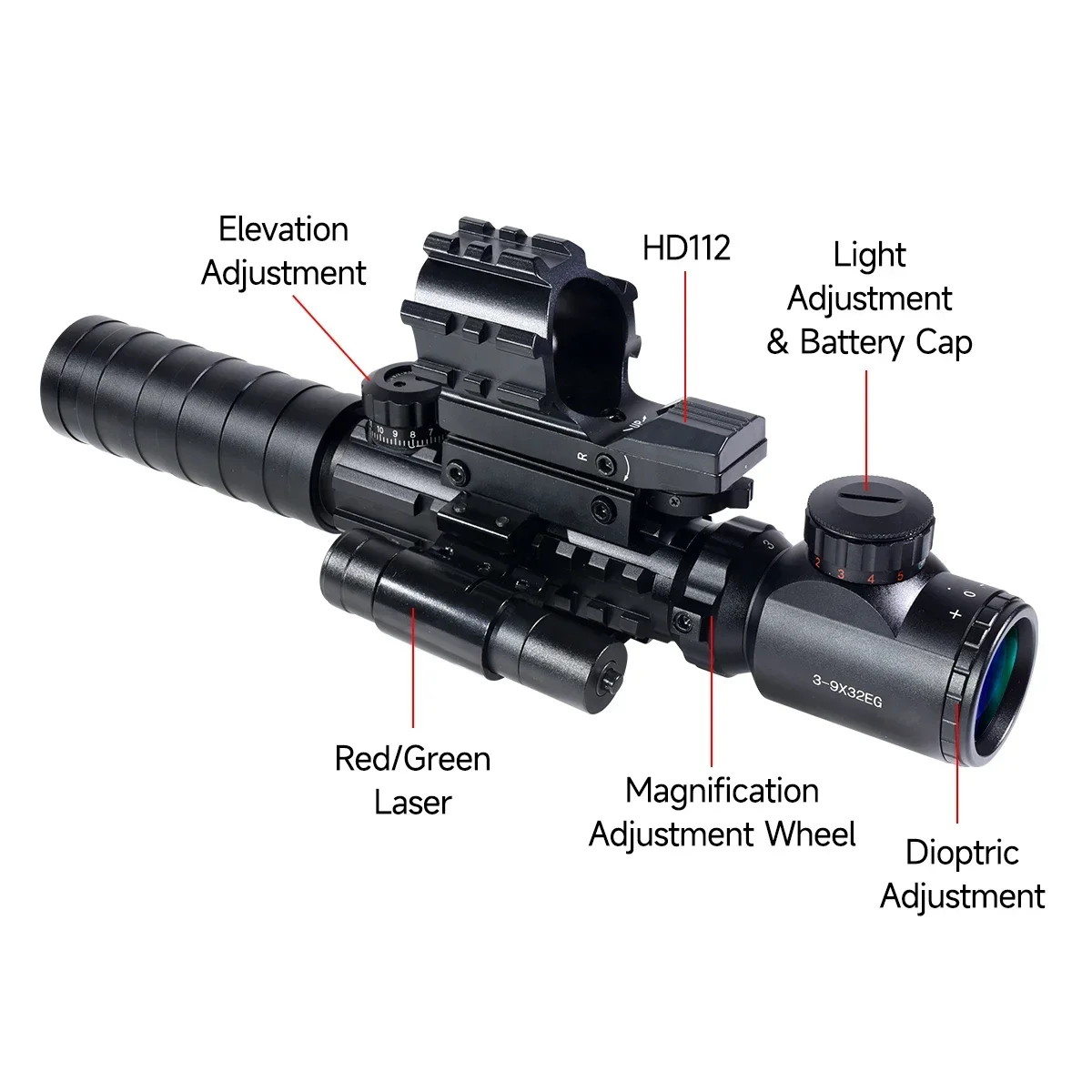 Mira óptica para Rifle de Crosshair rojo/verde, 3-9X32EG para exteriores, con 4 retículas rojas y verdes, HD112, punto rojo, mira Airsoft, peine de caza láser - imagen 2