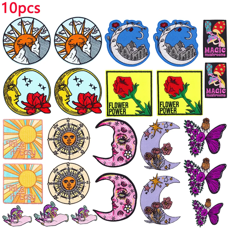 10 Uds. Parche bordado Sunr Moon parche de dibujos animados/champiñones parches para planchar para ropa parches termoadhesivos en ropa Jeans DIY - imagen 2