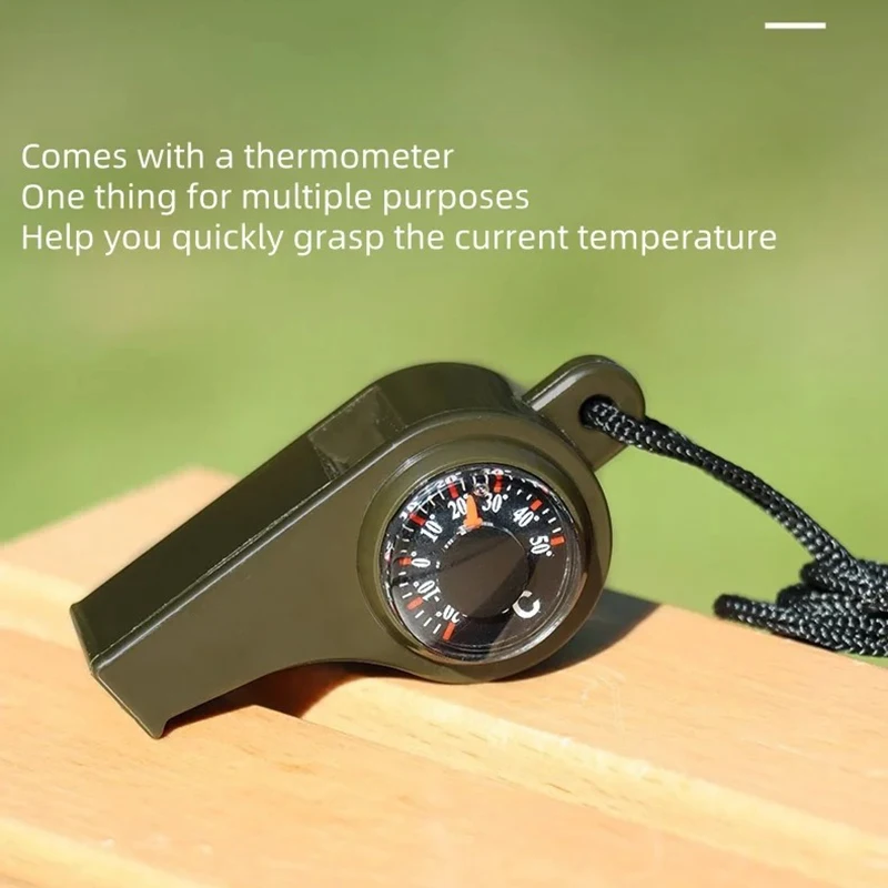 Silbato de supervivencia de emergencia 3 en 1 para acampar, senderismo, con brújula, termómetro, silbato para exteriores, herramientas para acampar, Color verde militar - imagen 3