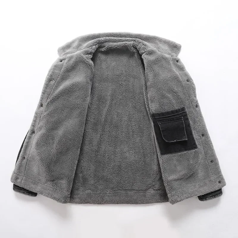 Chaqueta de invierno para hombre, chaqueta vaquera gruesa con solapa de pelo de cordero, abrigos acolchados de algodón cálidos y ajustados informales de alta calidad, ropa - imagen 4