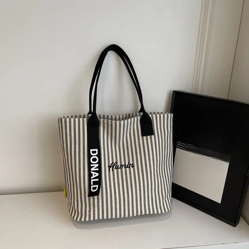Bolsa de lona gran capacidad para mujer con asa hombro rayas - imagen 5