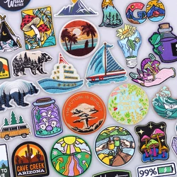 Parche bordado de aventura para velero, parches para planchar para chaqueta al aire libre, diseño escénico náutico, pegatinas decorativas con vista al mar de montaña