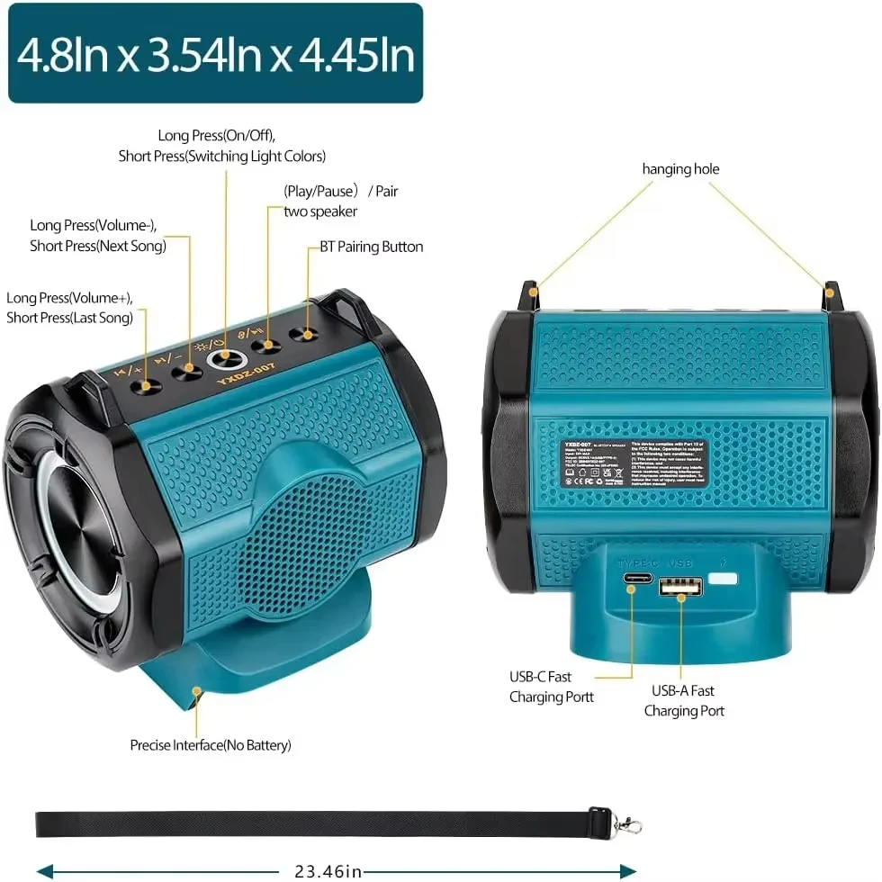 Altavoz Bluetooth para batería de iones de litio Makita de 18V con puerto USB tipo C altavoz pequeño inalámbrico para trabajos, hogar y fiestas - imagen 5