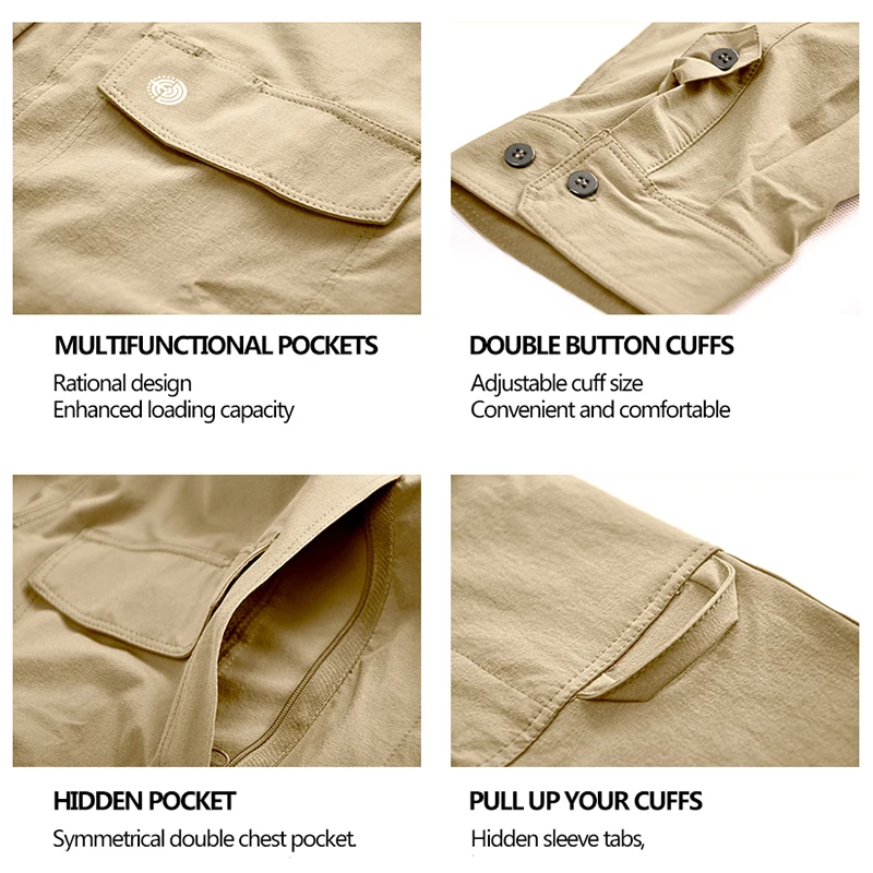 Camisas tácticas Camisas largas ligeras para hombres Safari Camisa de carga de trabajo con múltiples bolsillos Ropa de hombre de secado rápido Camisas casuales - imagen 5