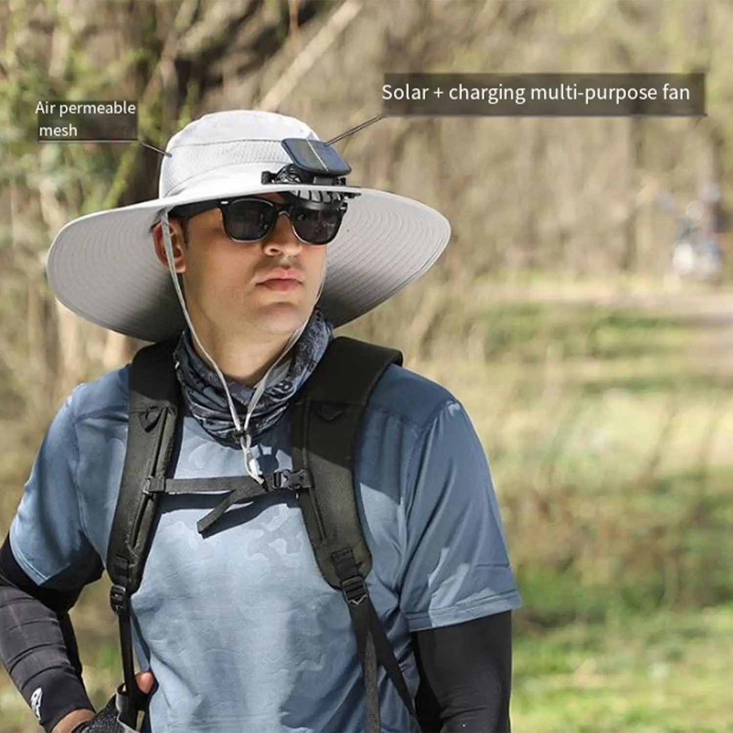 Sombrero para el sol de ala ancha para exteriores con 2 ventiladores solares Sombrero de cubo para el sol para hombres y mujeres UPF 50+ Sombrero de pesca y playa con ventilador incorporado - imagen 2